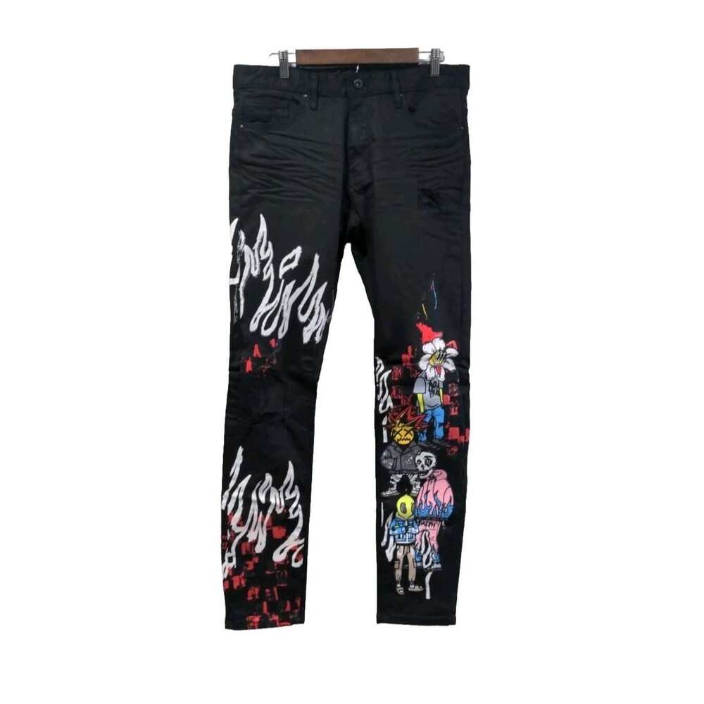 Decibel Smoke Rise Mens Streetwear Jeans Size 34x34 Black Art Rhinestone Graphic